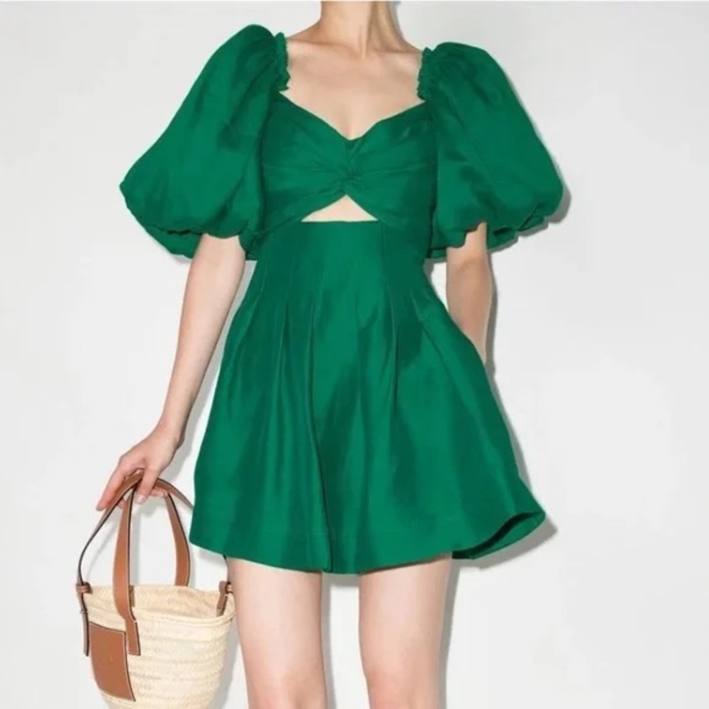 Aje Dusk Knot Puff Sleeve Emerald Green Mini Dress Size 0 NWT.